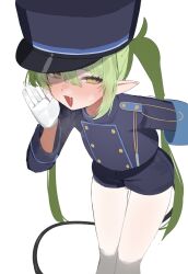 Rule 34 | 1girl, arm behind back, armband, blue archive, blue armband, blue jacket, blue shorts, blush, breath, buttons, commentary request, cum, cum string, demon tail, double-breasted, facial, flasso, gloves, glowing, green hair, hair between eyes, hat, nozomi (blue archive), highres, implied after fellatio, jacket, leaning forward, long hair, long sleeves, narrowed eyes, open mouth, pantyhose, pointy ears, shako cap, short shorts, shorts, sidelocks, simple background, smug, solo, tail, thigh gap, twintails, very long hair, white background, white gloves, white pantyhose, yellow eyes