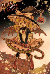 Rule 34 | 1girl, adapted costume, bat wings, black pantyhose, blonde hair, boots, bow, braid, brown footwear, candy, candy cane, clothes writing, crescent moon, dress, fang, food, frills, ghost, halloween, happy halloween, hat, hat bow, holding, jaack, jewelry, kirisame marisa, long hair, long sleeves, looking at viewer, moon, necklace, open mouth, orange eyes, outline, pantyhose, puffy long sleeves, puffy sleeves, pumpkin, single braid, skull, solo, star (symbol), striped, touhou, trick or treat, white bow, wings, witch hat