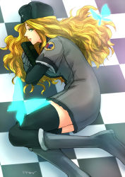 Rule 34 | 1girl, black gloves, blonde hair, book, boots, breasts, bug, butterfly, checkered floor, coat, fur hat, fur trim, gloves, green eyes, hat, insect, kolin, long hair, nmmr, solo, street fighter, street fighter v, thighhighs, thighs, ushanka, wavy hair, winter clothes, winter coat, zettai ryouiki