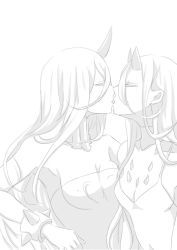Rule 34 | 10s, 2girls, abyssal ship, battleship princess, battleship water oni, bracelet, breast press, breasts, cleavage, closed eyes, dress, greyscale, hair between eyes, horns, jewelry, kantai collection, kiss, large breasts, long hair, medium breasts, monochrome, multiple girls, paco (eien mikan), simple background, skin-covered horns, spiked bracelet, spikes, strapless, strapless dress, very long hair, white background, yuri