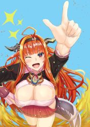 Rule 34 | 1girl, ahoge, breasts, dragon girl, dragon horns, dragon tail, eyebrows hidden by hair, fangs, hairband, highres, hololive, horns, kiryu coco, kiryu coco (1st costume), large breasts, long hair, looking at viewer, one eye closed, open mouth, orange hair, pointing, pointing up, red eyes, skirt, smile, solo, tail, virtual youtuber, yuhica