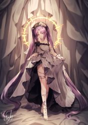Rule 34 | 1girl, absurdly long hair, anklet, armlet, bare shoulders, bracelet, breasts, choker, commentary request, crossed legs, curtsey, dress, euryale (fate), fate/grand order, fate (series), genyaky, hairband, head tilt, headdress, high heels, highres, indoors, jewelry, crossed legs, lolita hairband, long hair, looking at viewer, necklace, purple eyes, purple hair, ribbon, siblings, signature, skirt hold, small breasts, solo, standing, stheno (fate), strapless, thighlet, toes, twintails, very long hair, watson cross, white footwear