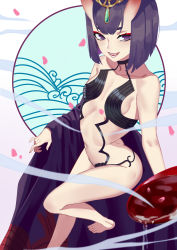 Rule 34 | 1girl, alcohol, bad id, bad pixiv id, bare shoulders, bob cut, breasts, cherry blossoms, chinese commentary, collarbone, commentary request, cup, falling petals, fangs, fate/grand order, fate (series), horns, japanese clothes, kimono, looking at viewer, petals, purple eyes, purple hair, revealing clothes, sakazuki, sake, sharp teeth, short hair, shuten douji (fate), skin-covered horns, small breasts, smile, solo, standing, standing on one leg, teeth, tsuaaa, unworn kimono