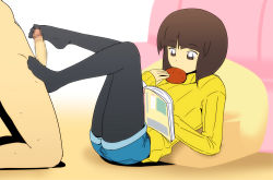 Rule 34 | 1girl, ass, bob cut, book, brown eyes, brown hair, censored, clothed female nude male, cookie, denim, eating, erection, expressionless, eyebrows, feet, food, footjob, full body, greco roman (spiral brain), indoors, kneeling, legs, legs up, long sleeves, looking down, lying, matching hair/eyes, mosaic censoring, multitasking, no shoes, nude, open book, pantyhose, penis, pillow, ranma 1/2, reading, short hair, short shorts, shorts, solo focus, sweater, tendou nabiki, thighs, turtleneck, turtleneck sweater, yellow sweater