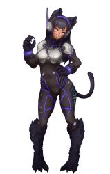 Rule 34 | &gt;:), 1girl, alternate hair color, alternate skin color, animal ears, armor, barbariank, black hair, bodysuit, breastplate, cat ears, cat tail, claws, commentary, covered navel, d.va (overwatch), dark-skinned female, dark skin, facial mark, fangs, full body, grin, hand on own hip, head tilt, headphones, heroes of the storm, highres, long hair, looking at viewer, monster girl, monsterification, multicolored clothes, orange eyes, overwatch, overwatch 1, pigeon-toed, pilot suit, purple eyes, ribbed bodysuit, shoulder pads, smile, solo, standing, tail, teeth, transparent background, whisker markings