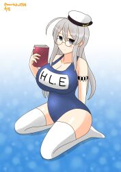Rule 34 | 1girl, asymmetrical sidelocks, blue background, blue eyes, blue one-piece swimsuit, blush, breasts, cosplay, dated, glasses, gradient background, grey hair, hat, heywood l. edwards (kancolle), highres, i-8 (kancolle), i-8 (kancolle) (cosplay), kantai collection, large breasts, long hair, look-alike, looking at viewer, moritaku0708, name tag, one-piece swimsuit, red-framed eyewear, sailor hat, school swimsuit, semi-rimless eyewear, simple background, sitting, smile, solo, swimsuit, thighhighs, twitter username, wariza, white thighhighs