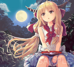 Rule 34 | 1girl, alcohol, bare shoulders, blonde hair, blue skirt, blush, cloud, commentary request, culter, cup, feet out of frame, full moon, holding, holding cup, horns, ibuki suika, long hair, low-tied long hair, moon, night, night sky, oni, oni horns, outdoors, parted lips, sakazuki, sake, sample watermark, shirt, sitting, skirt, sky, sleeveless, sleeveless shirt, solo, touhou, very long hair, watermark, white shirt, yellow eyes