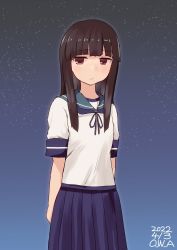 Rule 34 | 1girl, black hair, blue sailor collar, blue skirt, blunt bangs, brown eyes, collared shirt, commentary request, dated, hatsuyuki (kancolle), highres, hime cut, kantai collection, long hair, looking at viewer, neckerchief, night, night sky, one-hour drawing challenge, owa (ishtail), pleated skirt, sailor collar, school uniform, serafuku, shirt, skirt, sky, solo, twitter username