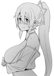 Rule 34 | 1girl, bare shoulders, blush, braid, breasts, closed mouth, elf, from side, h2o (ddks2923), hair between eyes, hair ornament, highres, large breasts, leafa, long hair, long sleeves, monochrome, pointy ears, ponytail, simple background, solo, sweat, sword art online, twin braids, white background