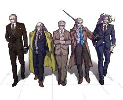 Rule 34 | 5boys, alternate costume, arms behind back, balding, beard, black gloves, black pants, black suit, blue necktie, blue pants, blue suit, braid, braided beard, brown coat, brown pants, brown suit, cane, casual, christopher columbus (fate), cigar, coat, coat on shoulders, facial hair, fate/grand order, fate (series), formal, full body, glasses, gloves, grey hair, hand in pocket, highres, holding, holding cane, holding cigar, holding sword, holding weapon, james moriarty (archer) (fate), li shuwen (fate), li shuwen (old) (fate), long beard, long hair, looking to the side, male focus, mature male, multiple boys, multiple braids, necktie, old, old man, pants, red necktie, scar, scar on face, shirt, short hair, simple background, smile, striped clothes, striped necktie, striped shirt, suit, sunglasses, sword, syuugou 11, very long beard, watch, weapon, white background, white shirt, wrinkled skin, wristwatch, yagyuu munenori (fate), yellow coat, zhang jue (fate)