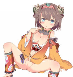Rule 34 | 1girl, anus, blue eyes, blush, breasts, brown hair, censored, detached sleeves, hairband, japanese clothes, kimono, large breasts, leg warmers, looking at viewer, mosaic censoring, navel, no panties, open clothes, open kimono, oshiro project:re, pussy, sandals, sasago kaze, shiny skin, short hair, short kimono, shuri (oshiro project), sitting, solo, spread legs, white background, wide spread legs