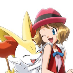Rule 34 | 1girl, animal ear fluff, bare arms, blue eyes, blue ribbon, braixen, commentary request, creatures (company), eyelashes, game freak, gen 6 pokemon, hat, highres, light brown hair, looking back, monoshiri hakase, nintendo, official style, open mouth, pink headwear, pokemon, pokemon (anime), pokemon (creature), pokemon xy (anime), ribbon, serena (pokemon), short hair, smile, tongue, white background