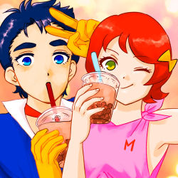 Rule 34 | 1boy, 1girl, alternate hair color, armpits, bare arms, bare shoulders, blue eyes, blue hair, breasts, bubble tea, cup, disposable cup, drinking, drinking straw, facing viewer, gloves, gradient background, green eyes, looking at viewer, mach go go go, mifune gou, one eye closed, pink shirt, red hair, shimura michi, shirt, simple background, sleeveless, sleeveless shirt, small breasts, smile, tagme, upper body, v, wink, yellow gloves