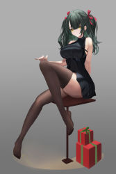 Rule 34 | 1girl, absurdres, black dress, black thighhighs, breasts, christmas, dress, feet, frown, gift, green hair, hair ribbon, highres, large breasts, looking at viewer, no shoes, ribbon, sitting, skirt, solo, thighhighs, thighs, twintails, yellow eyes, zhanggong