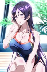 Rule 34 | 1girl, blush, breasts, cleavage, fate/grand order, fate (series), highres, kobayashi shinpei, large breasts, looking at viewer, minamoto no raikou (fate), one-piece swimsuit, parted lips, purple eyes, purple hair, rei no pool, solo, swimsuit, wet
