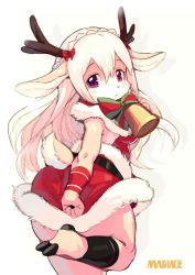 Rule 34 | 1girl, absurdres, animal ears, antlers, artist name, barefoot, bell, belt, borrowed character, christmas, commentary, covering ass, covering privates, deer ears, deer tail, dress, dress tug, from behind, furry, furry female, highres, horns, leg up, long hair, looking back, magiace, original, purple eyes, red dress, reindeer antlers, santa costume, short dress, solo, tail, tona (kishibe), watermark, white hair