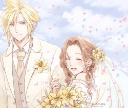 Rule 34 | 1boy, 1girl, aerith gainsborough, alternate costume, ancotsubu, bare shoulders, blonde hair, blue eyes, blush, bouquet, bridal veil, bride, closed eyes, cloud strife, couple, dress, earrings, falling petals, final fantasy, final fantasy airborne brigade, final fantasy vii, flower, formal, grey waistcoat, groom, hair between eyes, hair flower, hair ornament, holding, holding another&#039;s arm, holding bouquet, jacket, jewelry, necktie, official alternate costume, open mouth, parted bangs, petals, shirt, short hair, sidelocks, single earring, smile, spiked hair, square enix, suit, tuxedo, upper body, veil, wavy hair, wedding dress, white dress, white jacket, white shirt, white suit, yellow flower