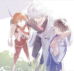 1girl 2boys ^_^ black_hair bun_cover closed_eyes double_bun gintama glasses grey_hair hair_bun highres holding holding_umbrella kagura_(gintama) multiple_boys on_grass orange_hair raised_eyebrows sakata_gintoki shimura_shinpachi short_hair smile spotaka standing standing_on_one_leg umbrella