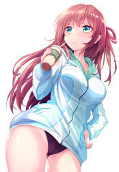 Rule 34 | 1girl, black one-piece swimsuit, blush, breasts, brown hair, cowboy shot, cup, drinking, drinking straw, from below, green eyes, hand on own hip, haruka natsuki, holding, holding cup, hood, hooded track jacket, jacket, large breasts, long hair, looking to the side, one-piece swimsuit, one side up, original, school swimsuit, simple background, solo, swimsuit, swimsuit under clothes, thighs, track jacket, white background, zipper