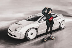 Rule 34 | 1girl, absurdres, arm up, artist name, bag, black eyes, black hair, black jacket, black pants, black shirt, bokuya, car, closed mouth, commentary, ford, ford puma, highres, jacket, long sleeves, motor vehicle, open clothes, open jacket, original, pants, shirt, shoes, short hair, smile, sneakers, solo, sports car, standing, vehicle focus, watermark, white footwear, wide shot
