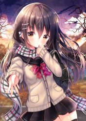 Rule 34 | 1girl, absurdres, bag, bare tree, black sailor collar, black skirt, black thighhighs, blush, bow, bowtie, braid, brown cardigan, brown eyes, brown hair, cardigan, closed mouth, cloud, commentary request, hair between eyes, hair ornament, hairclip, highres, huge filesize, kohaku muro, long hair, long sleeves, moe2019, original, outdoors, outstretched arm, plaid, plaid scarf, pleated skirt, red bow, red bowtie, sailor collar, scarf, school bag, school uniform, serafuku, skindentation, skirt, sky, sleeves past wrists, smile, solo, sunset, thighhighs, tree, twitter username, very long hair, white scarf
