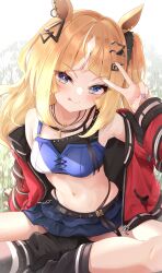 Rule 34 | 1girl, :p, absurdres, animal ears, belt, blonde hair, blue eyes, blush, breasts, collarbone, commentary request, crop top, earrings, espoir city (umamusume), fingernails, grass, hair ornament, highres, horse ears, horse girl, horse tailsjacket, jewelry, looking at viewer, medium breasts, navel, orange hair, sitting, sky cappuccino, smile, socks, solo, tongue, tongue out, umamusume, v