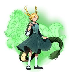 Rule 34 | 1girl, antlers, blonde hair, blue bow, blue shirt, bow, brown eyes, dragon, dragon horns, dragon tail, frilled sleeves, frills, giantcavemushroom, green skirt, highres, horns, kicchou yachie, looking at viewer, outstretched arm, scales, shirt, shoes, short hair, skirt, socks, tail, touhou, twitter username, white legwear, wily beast and weakest creature
