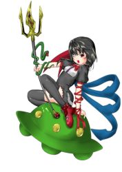 Rule 34 | 1girl, black hair, black thighhighs, dress, female focus, full body, highres, houjuu nue, makku, polearm, red eyes, short hair, snake, solo, spear, thighhighs, touhou, transparent background, trident, ufo, weapon, wings