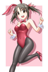 Rule 34 | 10s, 1girl, :d, animal ears, black hair, bow, bowtie, brown eyes, covered navel, detached collar, fake animal ears, idolmaster, idolmaster cinderella girls, imai kana, open mouth, pantyhose, pataneet, playboy bunny, rabbit ears, short hair, smile, twintails, wrist cuffs