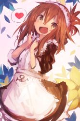 Rule 34 | 1girl, absurdres, alternate costume, anchor symbol, apron, black dress, blue flower, brown hair, dress, enmaided, fang, flower, folded ponytail, hair between eyes, heart, highres, inazuma (kancolle), kaamin (mariarose753), kantai collection, maid, maid headdress, open mouth, petals, ponytail, solo, spoken heart, waitress, white apron, yellow eyes, yellow flower