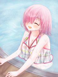 Rule 34 | 1girl, :d, ^ ^, bikini, blush, closed eyes, collarbone, day, fate/grand order, fate (series), front-tie bikini top, front-tie top, hair over one eye, harukappa, highres, mash kyrielight, medium hair, official alternate costume, open mouth, outdoors, partially submerged, pink hair, pool, ribbon, smile, solo, striped bikini, striped clothes, swimsuit, upper body