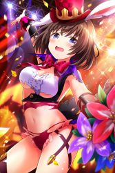 Rule 34 | 1girl, absurdres, alternative girls, animal ears, asahina nono, blue eyes, bouquet, bow, bowtie, breasts, brown hair, cleavage, fake animal ears, flower, hairband, hat, highres, holding, holding bouquet, looking at viewer, magician, medium hair, official art, open hand, open mouth, red bow, red bowtie, red curtains, solo, stage lights, standing, top hat, torn clothes, white hairband