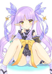 Rule 34 | 1girl, absurdres, blunt bangs, bow, elf, feet out of frame, frilled kimono, frilled sleeves, frills, hair ribbon, highres, japanese clothes, kimono, kyoka (princess connect!), long hair, looking at viewer, nanase aoi, non-web source, panties, pantyshot, pointy ears, princess connect!, purple hair, purple ribbon, ribbon, self-upload, sidelocks, simple background, sitting, socks, solo, twintails, underwear, white background, white panties, white socks, wide sleeves, yellow bow, yellow eyes