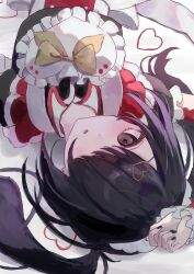 Rule 34 | 1girl, :o, ame-chan (needy girl overdose), black dress, black hair, black nails, bow, brown eyes, charlotte11037, dress, hair ornament, hair over one eye, hair tie, hand up, hashtag-only commentary, heart, heart hair ornament, highres, long hair, looking at viewer, lying, nail polish, needy girl overdose, on back, solo, sweets paradise, twintails, upper body, upside-down, yellow bow