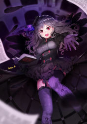 Rule 34 | 10s, 1girl, :d, bad id, bad pixiv id, black dress, book, corset, dress, fishnet gloves, fishnet thighhighs, fishnets, framed breasts, garter straps, gloves, gothic lolita, grimoire, hair down, hat, idolmaster, idolmaster cinderella girls, idolmaster cinderella girls starlight stage, jellytits-7, kanzaki ranko, lolita fashion, long hair, open mouth, red eyes, silver hair, smile, solo, thighhighs, upskirt