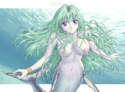 Rule 34 | 1girl, armlet, blue eyes, bracelet, breasts, fins, green hair, jewelry, lipstick, long hair, makeup, mermaid, monster girl, nail polish, navel, necklace, nipples, nude, outstretched arms, pale skin, scales, smile, solo, spread arms, tail, water, yumenosuke