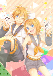 Rule 34 | 1boy, 1girl, bad id, bad pixiv id, blonde hair, blue eyes, brother and sister, hair ornament, hair ribbon, hairclip, kagamine len, kagamine rin, one eye closed, open mouth, ribbon, short hair, siblings, smile, suzumi (fallxalice), twins, vocaloid, wink