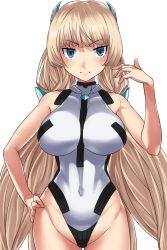 Rule 34 | 1girl, angela balzac, blue eyes, blunt bangs, breasts, closed mouth, covered navel, cowboy shot, gluteal fold, hand on own hip, headgear, highleg, highleg leotard, highres, hotate-chan, large breasts, leotard, long hair, low twintails, rakuen tsuihou, simple background, smile, solo, tsurime, twintails, very long hair, white background