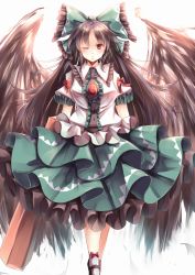Rule 34 | 1girl, ankle socks, backlighting, black footwear, black hair, black wings, bow, commentary request, control rod, feathered wings, feathers, frilled bow, frilled shirt, frilled shirt collar, frilled skirt, frilled sleeves, frills, frown, full body, green bow, green skirt, hair bow, highres, kanzakietc, long hair, looking at viewer, one eye closed, puffy short sleeves, puffy sleeves, red bow, red eyes, reiuji utsuho, shirt, shoes, short sleeves, skirt, socks, solo, third eye, touhou, very long hair, white background, white shirt, white socks, wings