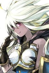 Rule 34 | 10s, 1girl, ahoge, bare shoulders, dark skin, dark-skinned female, gloves, granblue fantasy, hungry clicker, long hair, looking at viewer, pointing, pointing at self, purple eyes, smile, solo, upper body, white hair, zooey (granblue fantasy)