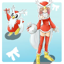 Rule 34 | 1990s (style), 1girl, bag, bare shoulders, bird, closed eyes, creatures (company), delibird, game freak, gen 2 pokemon, gift, hat, holding, holding gift, lowres, moemon, nintendo, personification, pink hair, pokemon, pokemon (creature), pokemon gsc, retro artstyle, tenjou ryuka, thighhighs