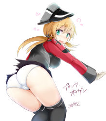 Rule 34 | 10s, 1girl, anchor hair ornament, aqua eyes, ass, black thighhighs, blonde hair, blush, from behind, gloves, hair ornament, hat, kantai collection, long hair, long sleeves, looking back, military, military uniform, mizuyan, open mouth, panties, pants, peaked cap, prinz eugen (kancolle), simple background, skirt, solo, thighhighs, torn clothes, torn skirt, trefoil, twintails, underwear, uniform, white gloves, white panties, white pants
