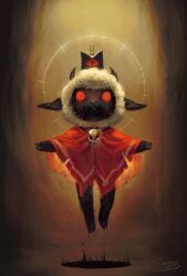 Rule 34 | 1other, bell, black crown (object), black horns, brown background, cape, closed mouth, colored sclera, cult of the lamb, darkness, flying, full body, furry, highres, horns, jingle bell, koto inari, looking at viewer, neck bell, no pupils, other focus, red cape, red crown (cult of the lamb), red sclera, signature, solo, the lamb (cult of the lamb)