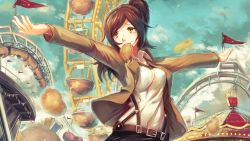 Rule 34 | 1girl, amusement park, belt, breasts, brown eyes, brown hair, carnival, carousel, cloud, collared shirt, cropped, ferris wheel, flag, food, food in mouth, highres, jacket, medium breasts, mouth hold, outstretched arms, ponytail, potato, roller coaster, sasha blouse, scarf, shingeki no kyojin, shirt, short ponytail, sky, softmode, solo, source request, spinning teacup, spread arms, suspenders, tears, yellow eyes