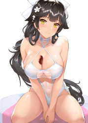 Rule 34 | 1girl, azur lane, bad id, bad pixiv id, black hair, blush, bow, breast hold, breasts, brown eyes, casual one-piece swimsuit, cleavage, criss-cross halter, eyelashes, flower, hair bow, hair flaps, hair flower, hair ornament, halterneck, heart-shaped food, large breasts, long hair, looking at viewer, mokyumokyuchan, one-piece swimsuit, ponytail, sitting, smile, solo, swimsuit, takao (azur lane), takao (beach rhapsody) (azur lane), very long hair, white bow, white one-piece swimsuit