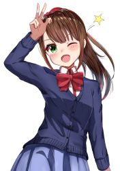 Rule 34 | 1girl, absurdres, arm up, blazer, blue jacket, blue skirt, blush, bow, bowtie, brown hair, collared shirt, commentary request, garaudon, green eyes, hair ornament, head tilt, highres, hitoribocchi no marumaru seikatsu, honshou aru, jacket, long hair, long sleeves, looking at viewer, neckwear request, one eye closed, open mouth, pleated skirt, ponytail, red bow, red bowtie, school uniform, shirt, simple background, skirt, solo, star (symbol), white background