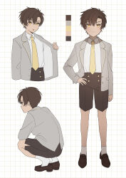 Rule 34 | 1boy, absurdres, ag (ag nkfg), brown hair, child, closed mouth, collared shirt, grey jacket, hand on own hip, high-waist shorts, highres, jacket, long sleeves, male focus, necktie, open clothes, open jacket, orange eyes, original, parted lips, shirt, shoes, shorts, simple background, socks, squatting, standing, white shirt, white socks, yellow necktie
