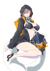 Rule 34 | 1girl, alternate costume, backpack, bag, bikini, black bikini, black footwear, black hoodie, breasts, brown hair, cleavage, collarbone, cosplay, enemy aircraft (kancolle), full body, green eyes, halloween, highres, hood, hoodie, jacket, kantai collection, kiriki haruomi, large breasts, long sleeves, looking at viewer, mutsu (kancolle), o-ring, one eye closed, open clothes, open jacket, re-class battleship, re-class battleship (cosplay), short hair, simple background, solo, swimsuit, tail, teeth, thighs, tongue, tongue out, turret, white background