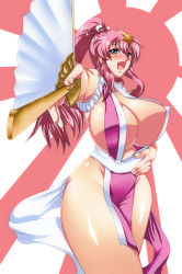 Rule 34 | 1girl, breasts, cleavage, cosplay, covered erect nipples, fatal fury, gundam, gundam seed, gundam seed destiny, hand fan, happy, huge breasts, legs, looking at viewer, meer campbell, nipples, no bra, open mouth, pink hair, ponytail, shiny skin, shiranui mai, shiranui mai (cosplay), sideboob, snk, solo, star (symbol), taroro, the king of fighters, tongue