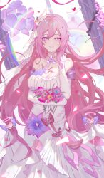 Rule 34 | 1girl, absurdly long hair, absurdres, adapted costume, arm under breasts, bare shoulders, bow, breasts, bridal veil, chinese commentary, collar, collarbone, commentary request, cowboy shot, diamond-shaped pupils, diamond (shape), dress, elbow gloves, elysia (herrscher of human:ego) (honkai impact), elysia (honkai impact), flower, gloves, hair between eyes, hair bow, hair ornament, hairclip, hand in own hair, highres, holding, holding flower, honkai (series), honkai impact 3rd, large breasts, long dress, long hair, multiple hair bows, pink flower, pink hair, pink pupils, pointy ears, purple bow, purple eyes, purple flower, qiuqiuku, rainbow, smile, solo, standing, straight-on, strapless, strapless dress, symbol-shaped pupils, veil, very long hair, white collar, white dress, white gloves, white veil